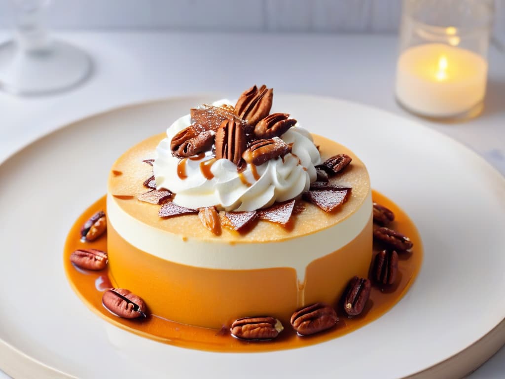  A photorealistic image of a beautifully plated traditional sweet potato dessert, showcasing layers of creamy camote puree, caramelized pecans, a dusting of cinnamon, and a dollop of whipped cream on top. The dessert is elegantly presented on a modern ceramic plate with a drizzle of caramel sauce artfully decorating the sides. The background is softly blurred to keep the focus on the intricate details of the dessert, highlighting the rich colors and textures of the dish. hyperrealistic, full body, detailed clothing, highly detailed, cinematic lighting, stunningly beautiful, intricate, sharp focus, f/1. 8, 85mm, (centered image composition), (professionally color graded), ((bright soft diffused light)), volumetric fog, trending on instagram, trending on tumblr, HDR 4K, 8K