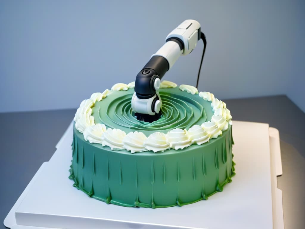  A sleek, minimalistic image of a robotic arm delicately piping intricate designs on a cake, showcasing advanced technology in the field of pastry arts. The robotic arm is precise and elegant, working alongside a human pastry chef in a harmonious blend of traditional craftsmanship and modern innovation. The background is a soft focus, emphasizing the seamless integration of robotics in the art of pastry making. hyperrealistic, full body, detailed clothing, highly detailed, cinematic lighting, stunningly beautiful, intricate, sharp focus, f/1. 8, 85mm, (centered image composition), (professionally color graded), ((bright soft diffused light)), volumetric fog, trending on instagram, trending on tumblr, HDR 4K, 8K