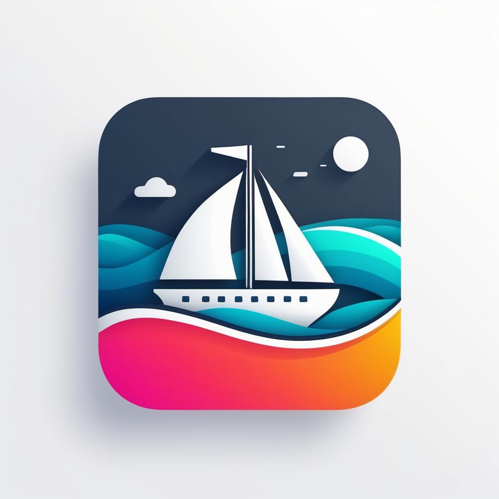  Logo, rounded edges square mobile app logo design, flat vector, minimalistic, icon of boat, text “BOATY” underneath