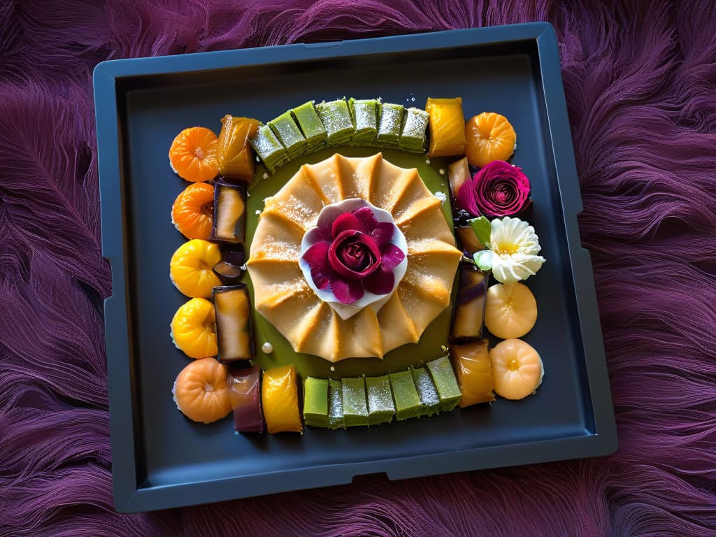  A highresolution, minimalist image of an intricately designed silver tray filled with an array of colorful traditional Ottoman Empire sweets such as baklava, Turkish delight, and rose petal lokum, set against a dark, textured background to make the vibrant colors pop. The delicate sweets are arranged in a visually appealing pattern, showcasing the richness and diversity of Ottoman dessert culture in a simple yet elegant manner. hyperrealistic, full body, detailed clothing, highly detailed, cinematic lighting, stunningly beautiful, intricate, sharp focus, f/1. 8, 85mm, (centered image composition), (professionally color graded), ((bright soft diffused light)), volumetric fog, trending on instagram, trending on tumblr, HDR 4K, 8K