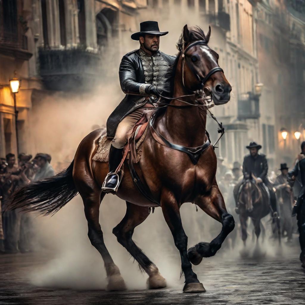  a man riding the horse hyperrealistic, full body, detailed clothing, highly detailed, cinematic lighting, stunningly beautiful, intricate, sharp focus, f/1. 8, 85mm, (centered image composition), (professionally color graded), ((bright soft diffused light)), volumetric fog, trending on instagram, trending on tumblr, HDR 4K, 8K