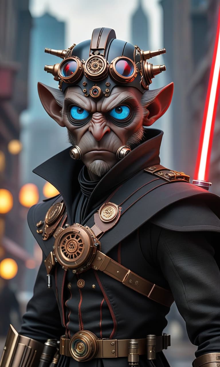  steampunk style A dark lord Sith , with a big , blue eyes, in a large megapolis on another planet, is going through the city in anger during wartime, with a lightsaber full grown against the backdrop of the city. . antique, mechanical, ss and copper tones, gears, intricate, detailed hyperrealistic, full body, detailed clothing, highly detailed, cinematic lighting, stunningly beautiful, intricate, sharp focus, f/1. 8, 85mm, (centered image composition), (professionally color graded), ((bright soft diffused light)), volumetric fog, trending on instagram, trending on tumblr, HDR 4K, 8K