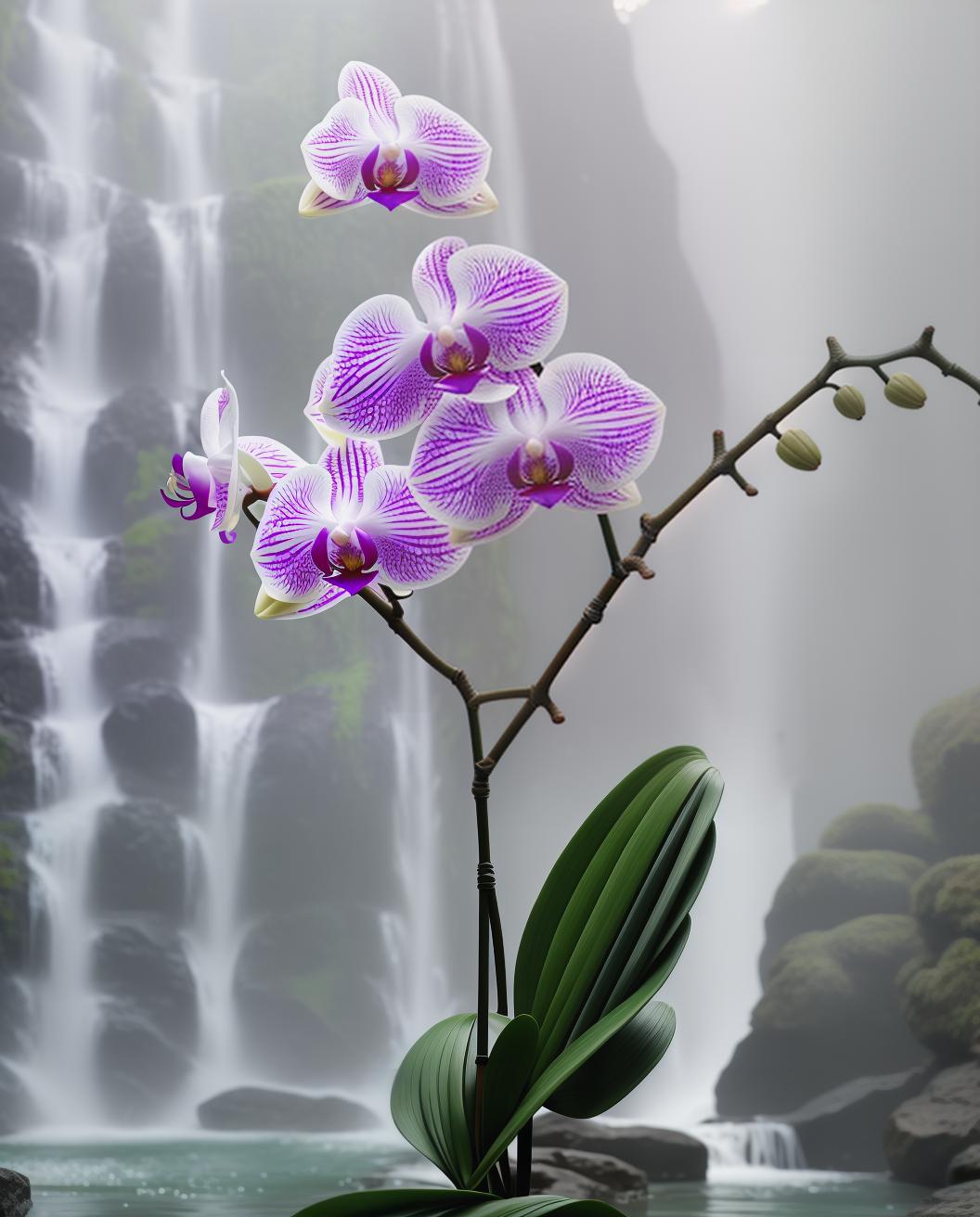  Orchid phalaenopsis orange blooms in the waterfall hyperrealistic, full body, detailed clothing, highly detailed, cinematic lighting, stunningly beautiful, intricate, sharp focus, f/1. 8, 85mm, (centered image composition), (professionally color graded), ((bright soft diffused light)), volumetric fog, trending on instagram, trending on tumblr, HDR 4K, 8K