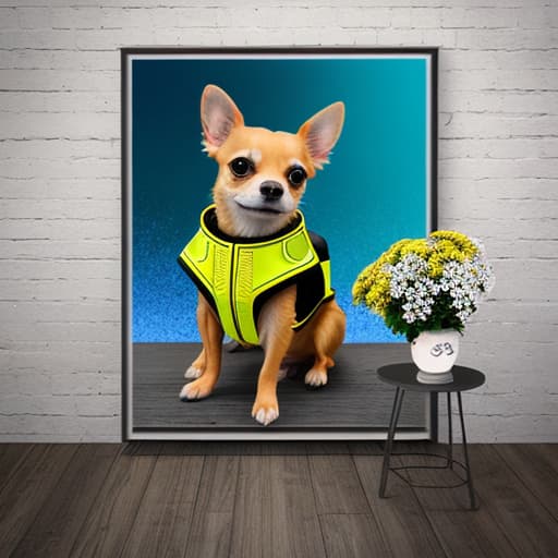  cute yellow chihuahua riding a bike and holding flowers, white background. show complete image., neon ambiance, abstract black oil, gear mecha, detailed acrylic, grunge, intricate complexity, rendered in unreal engine, photorealistic