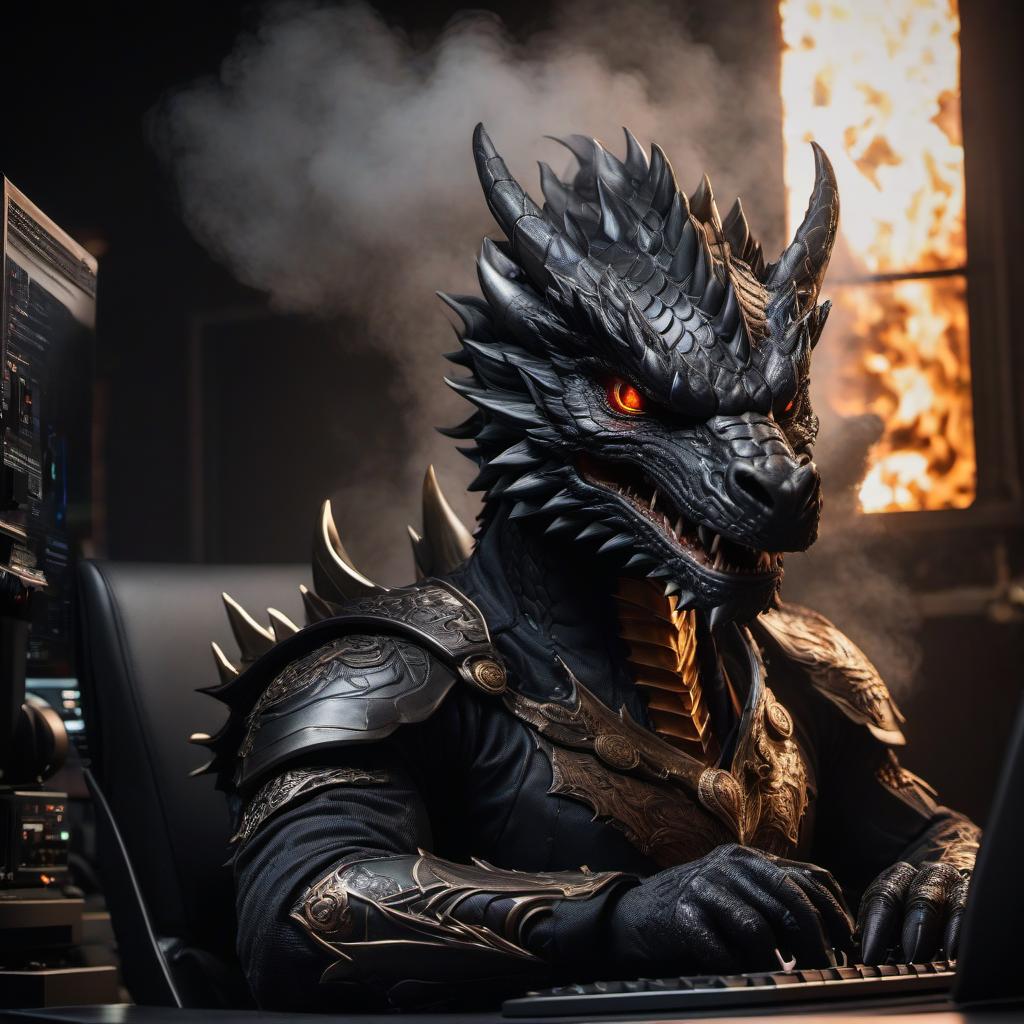  Headshot, looking straight into the camera, full face, dragon in a dark suit, kind, with a smile, at the computer, typing on the keyboard, fire all around hyperrealistic, full body, detailed clothing, highly detailed, cinematic lighting, stunningly beautiful, intricate, sharp focus, f/1. 8, 85mm, (centered image composition), (professionally color graded), ((bright soft diffused light)), volumetric fog, trending on instagram, trending on tumblr, HDR 4K, 8K