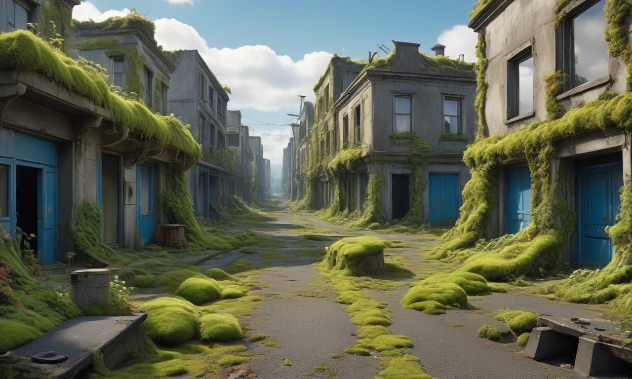  concept art General plan. Camera at human eye level. Post apocalyptic deserted city. Concrete, ruined houses. Moss and ivy grow on houses. In the middle of the frame, asphalt road. Symmetry. Empty horizon. Bright blue sky. . digital artwork, illustrative, painterly, matte painting, highly detailed hyperrealistic, full body, detailed clothing, highly detailed, cinematic lighting, stunningly beautiful, intricate, sharp focus, f/1. 8, 85mm, (centered image composition), (professionally color graded), ((bright soft diffused light)), volumetric fog, trending on instagram, trending on tumblr, HDR 4K, 8K