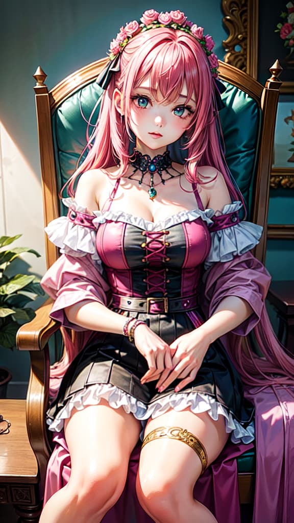  1girl Sitting on a chair,pink hair,(masterpiece, top quality, best quality, art, beautiful and aesthetic:1.2), (1girl), extreme detailed,(art:1.3),colorful,highest detailed,