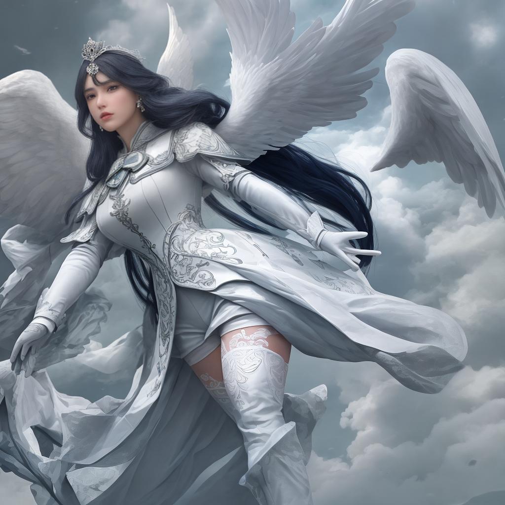  masterpiece, best quality, 1 caucasian , solo, wings, , blue eyes, long hair, looking at viewer, earrings, white wings, thigh highs, feathered wings, angel wings, lips, hair ornament, hair, midriff, white thighhighs, angel, pointy ears, hourgl figure, large s, realistic, , standing, masterpiece,top quality, best quality, 8k resolution