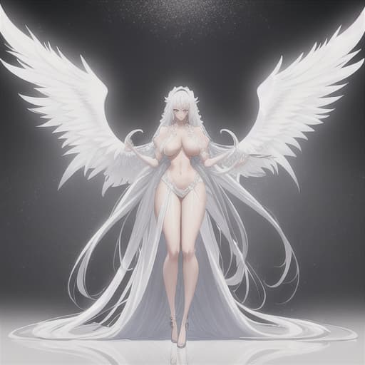  A man like an angel, very beautiful, with long white hair, bare , stomach and back, and long white wings, hugging a . Anime wallpaper hyperrealistic, full body, detailed clothing, highly detailed, cinematic lighting, stunningly beautiful, intricate, sharp focus, f/1. 8, 85mm, (centered image composition), (professionally color graded), ((bright soft diffused light)), volumetric fog, trending on instagram, trending on tumblr, HDR 4K, 8K