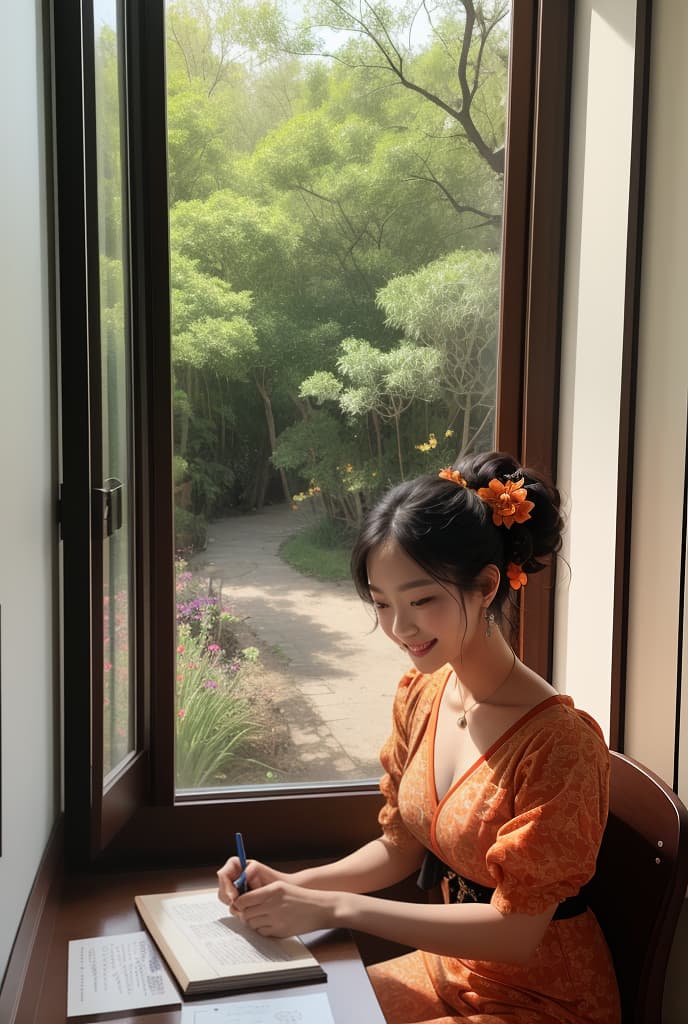  a masterpiece prismacolour pencil, shading in orange and black of a beautiful Thai model wear short florals dress with messy bun, sitting by a window and have a cup of coffee, smiling and looking out of the window in the style of richly detailed genre drawings, delicate sketch, claude monet, surround by exquisite and beautiful Lai Thai pattern, soft sun light come in the window, intricate --ar 61:128 --stylize 750 --v 5.2, ADVERTISING PHOTO,high quality, good proportion, masterpiece , The image is captured with an 8k camera