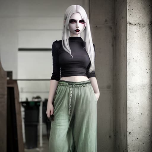  1girl, silver hair, green eyes, grey T-shirt, red saggy pants, Gothic makeup