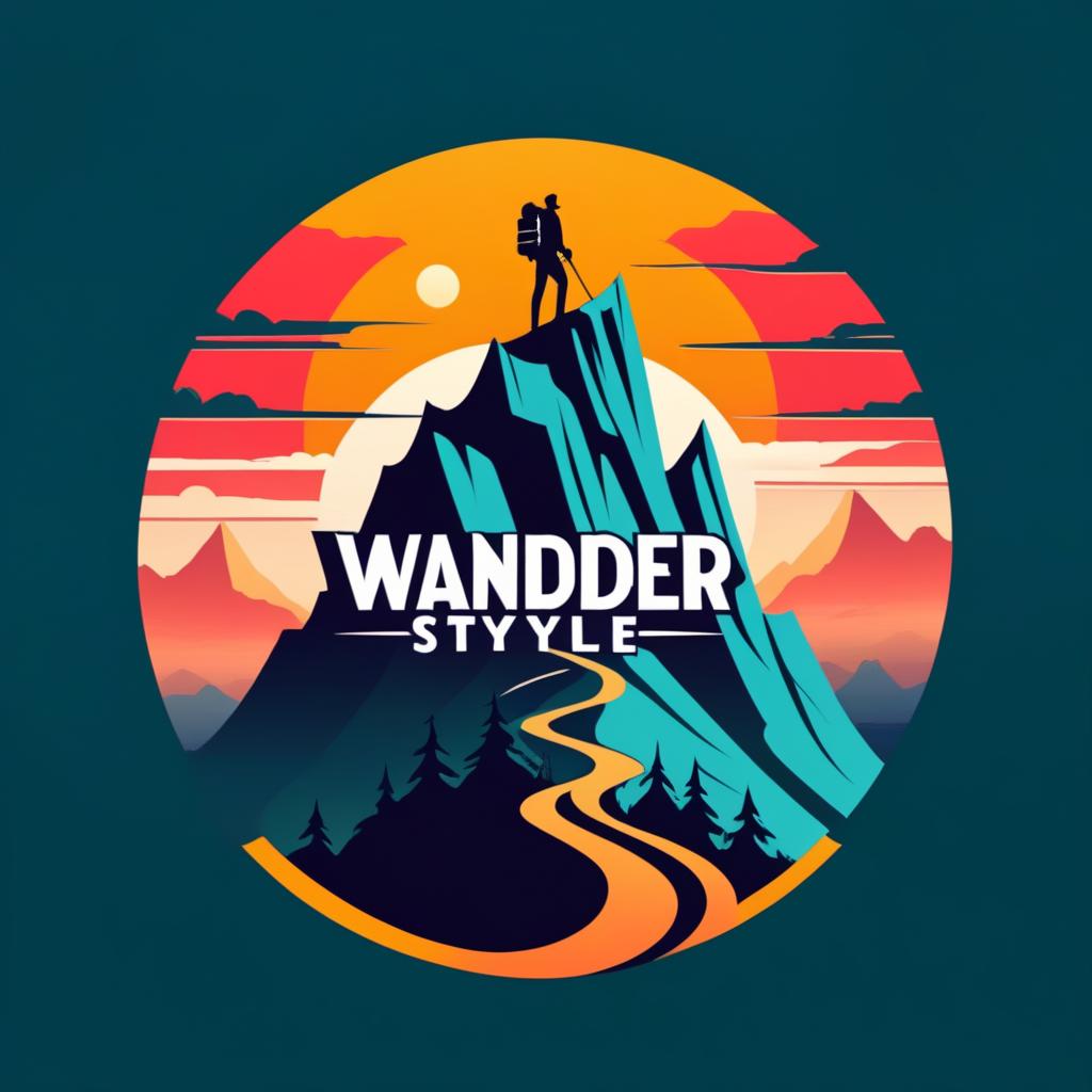  Logo, (surrealism style), „Wanderer“ auf dem Berggipfel bei Sonnenaufgang.