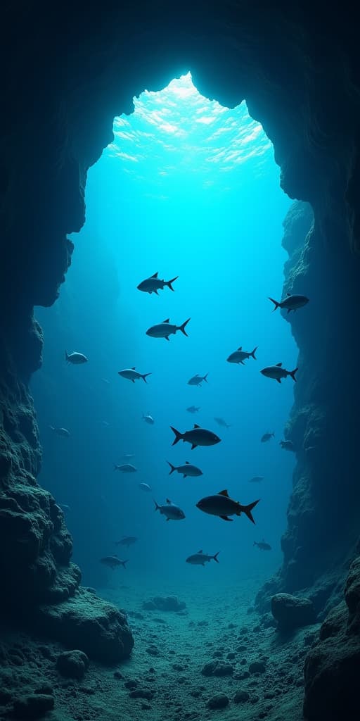  good quality, high quality, a school of fish swim through a dark underwater cave opening into bright blue water