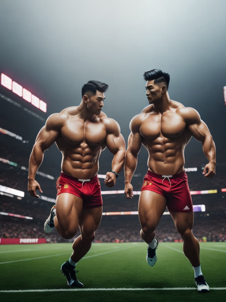  Two handsome Chinese musclemen are naked and running happily on the football field hyperrealistic, full body, detailed clothing, highly detailed, cinematic lighting, stunningly beautiful, intricate, sharp focus, f/1. 8, 85mm, (centered image composition), (professionally color graded), ((bright soft diffused light)), volumetric fog, trending on instagram, trending on tumblr, HDR 4K, 8K