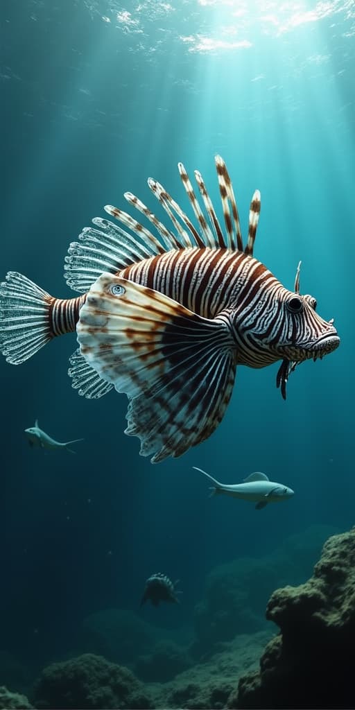  good quality, high quality, a lionfish swimming right next to a mosasaurus, epic, realistic, highly detailed