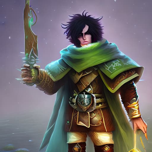 mdjrny-v4 style druid, dnd character, human, black hair, green and golden eyes, Young, 15 years old, mysterious, feral, hood over his head