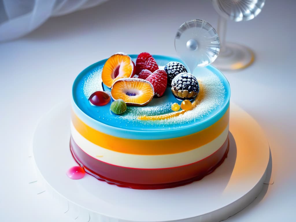  A closeup, ultradetailed image of a transparent petri dish filled with intricate layers of colorful molecular gastronomy desserts, showcasing the precision and complexity of modern pastry techniques. Each layer displays a different texture, color, and shape, creating a visually stunning and captivating composition that exemplifies the artistry of molecular pastry construction. hyperrealistic, full body, detailed clothing, highly detailed, cinematic lighting, stunningly beautiful, intricate, sharp focus, f/1. 8, 85mm, (centered image composition), (professionally color graded), ((bright soft diffused light)), volumetric fog, trending on instagram, trending on tumblr, HDR 4K, 8K