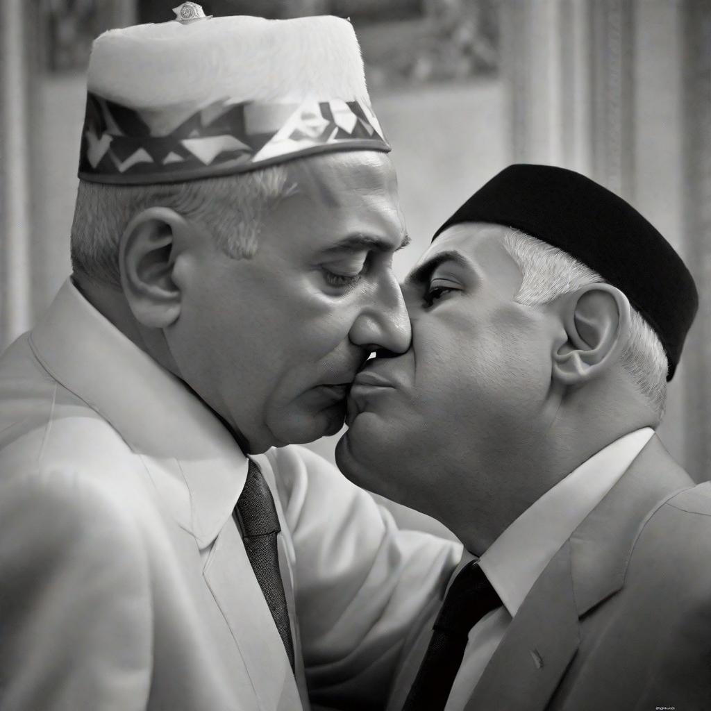  A kiss between Binyamin Netanyahu and Ismail Haniwa, full colour, as if taken by camera with flashlight, realism, analogue realism, photorealism