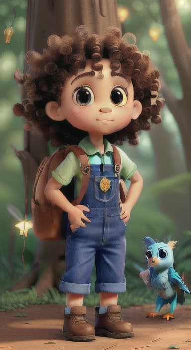  {The tree with a twinkling eye, while its leaves gently rustle., Riley, a curious with big brown eyes and curly hair, wearing overalls and carrying a small backpack. Their friend, Skye, a bluebird with shiny feathers.