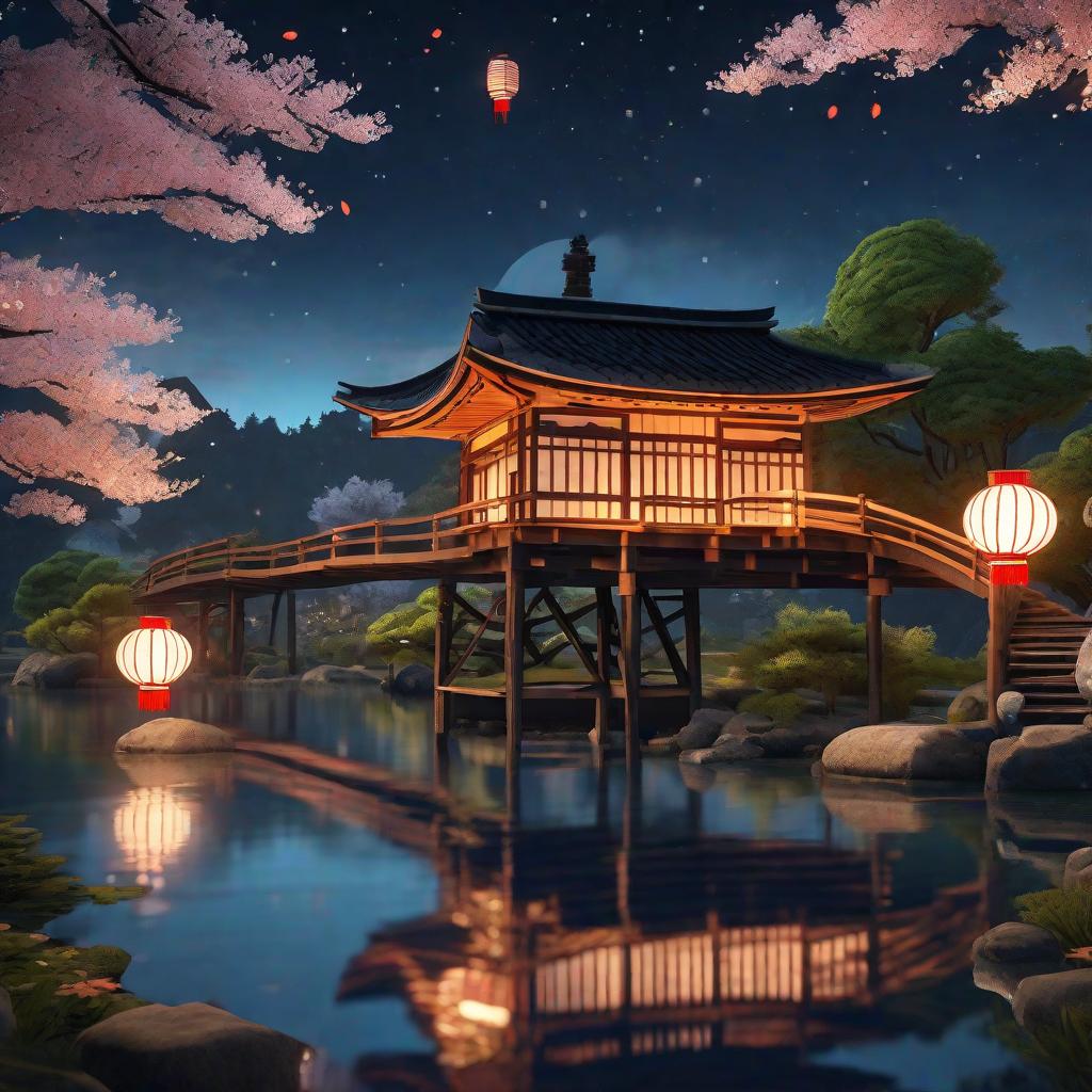  masterpiece, best quality, (Fidelity: 1.4), Best Quality, Masterpiece, Ultra High Resolution, 8k resolution, A night view inspired by Japanese art, featuring a garden illuminated by paper lanterns and a wooden bridge spanning a tranquil lake, by the lakeside, there is a small Zen temple. The water reflects the starry sky.