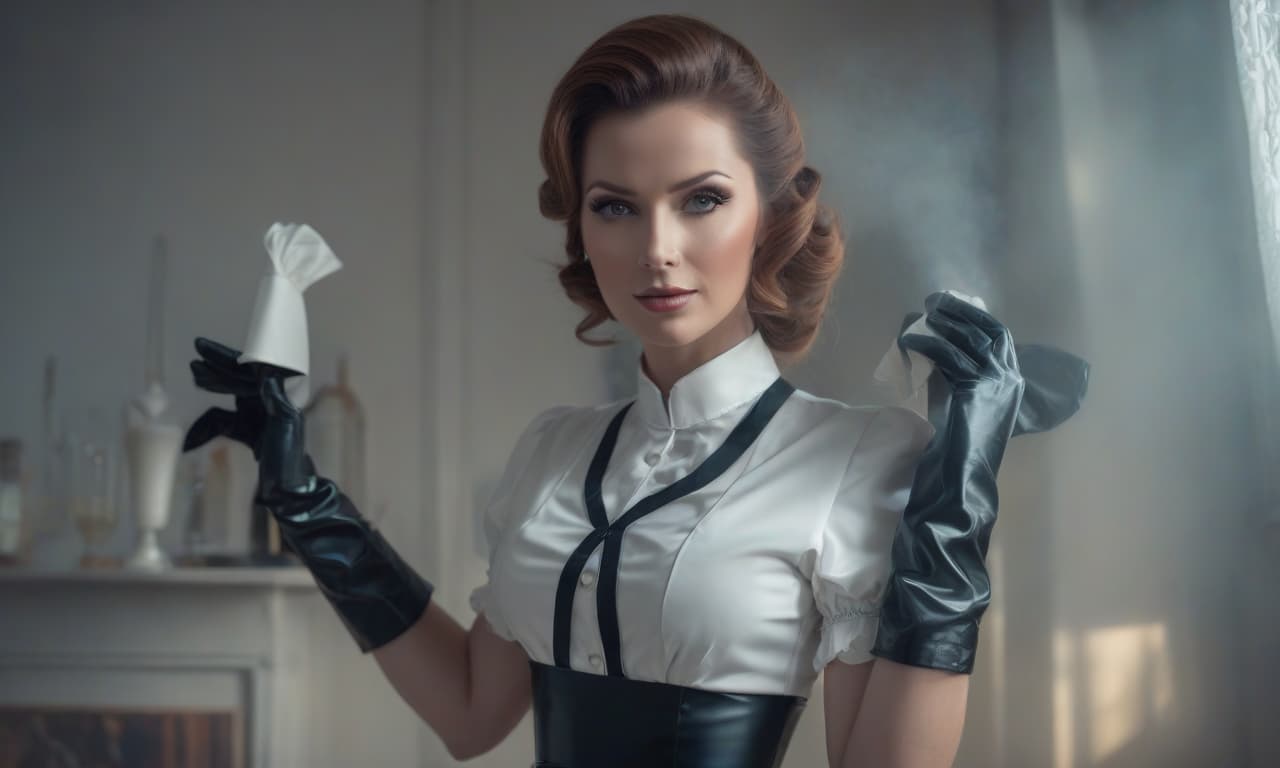  latex housemaid in gloves hyperrealistic, full body, detailed clothing, highly detailed, cinematic lighting, stunningly beautiful, intricate, sharp focus, f/1. 8, 85mm, (centered image composition), (professionally color graded), ((bright soft diffused light)), volumetric fog, trending on instagram, trending on tumblr, HDR 4K, 8K