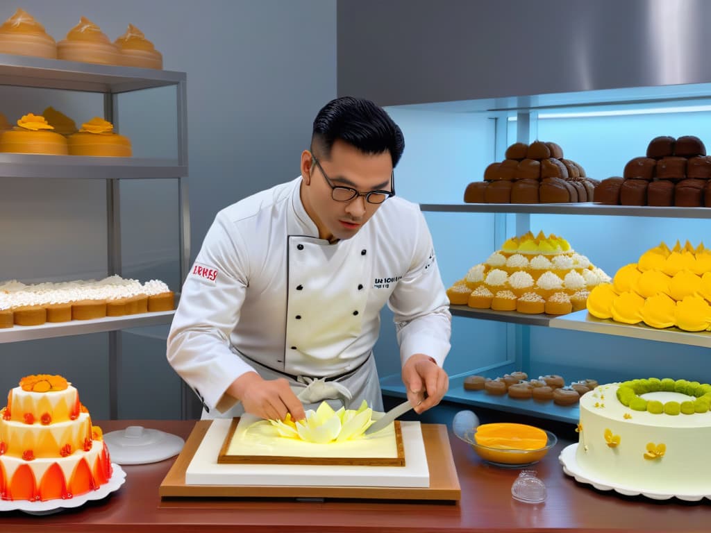  A stunning, minimalistic image of Christian Escribà delicately crafting a detailed sugar flower using fine tools, surrounded by an array of vibrant, meticulously decorated pastries and cakes. The focus is on his hands as they expertly sculpt the delicate petals, showcasing the intricate artistry and precision involved in his pastry creations. The background is a soft, blurred display of his bustling bakery, with hints of colorful ingredients and tools neatly arranged around the workspace, emphasizing the dedication and skill required in his craft. hyperrealistic, full body, detailed clothing, highly detailed, cinematic lighting, stunningly beautiful, intricate, sharp focus, f/1. 8, 85mm, (centered image composition), (professionally color graded), ((bright soft diffused light)), volumetric fog, trending on instagram, trending on tumblr, HDR 4K, 8K