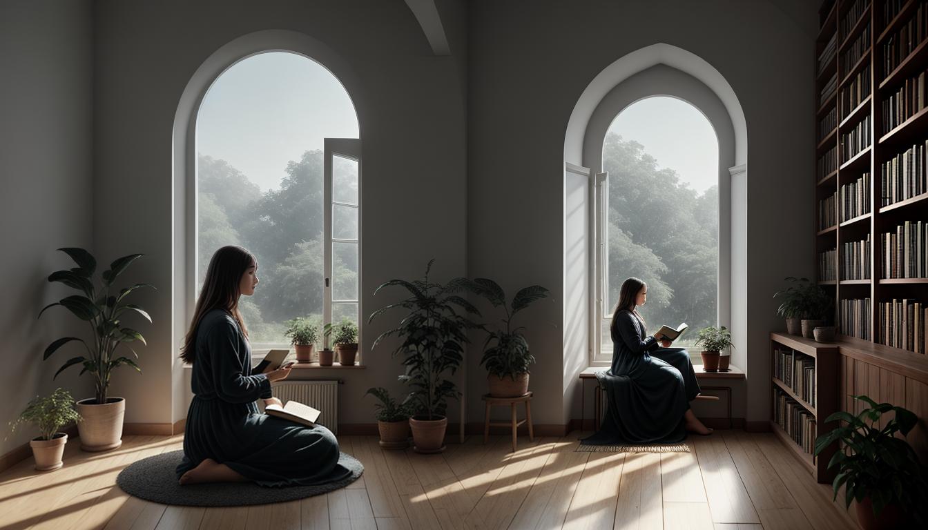  digital illustration, A well lit room with a figure seated in peaceful contemplation, books and plants around, serene ambiance, self sufficiency, cozy, warm light, looking at viewer, dynamic pose, (intricate details, masterpiece, best quality)