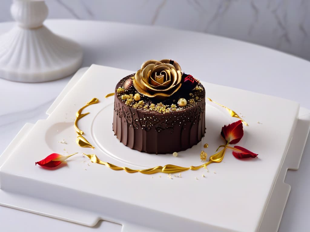  A closeup, ultradetailed image of a delicate, intricately crafted chocolate truffle on a sleek, modern, marble serving platter. The truffle is perfectly round, dusted with shimmering gold flakes, and adorned with a single edible rose petal, showcasing the epitome of highend dessert elegance. The marble background is pristine, emphasizing the luxurious nature of the dessert, with soft, natural lighting enhancing every detail and creating a visually stunning, minimalist composition. hyperrealistic, full body, detailed clothing, highly detailed, cinematic lighting, stunningly beautiful, intricate, sharp focus, f/1. 8, 85mm, (centered image composition), (professionally color graded), ((bright soft diffused light)), volumetric fog, trending on instagram, trending on tumblr, HDR 4K, 8K