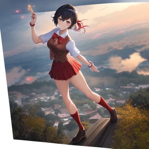  shinkai makoto, kimi no na wa, full full body shot, action pose, epic pose,Dynamic pose, Posing when taking pictures, japan travel, japanese shrine, sight, 1,short black hair, gles,, masterpiece,highly detailed,ultra detailed, landscape, scenery,horizon, bangs, blush, bow, bowtie, brown eyes, cloud, collared shirt, hair ribbon, hairband, looking at viewer, negative space, outdoors, red bow, red bowtie, red hairband, red ribbon, ribbon, uniform, shirt, sky, smile, solo, sweater vest, vest, white shirt, yellow sweater vest, yellow vest ,, random text 21 hyperrealistic, full body, detailed clothing, highly detailed, cinematic lighting, stunningly beautiful, intricate, sharp focus, f/1. 8, 85mm, (centered image composition), (professionally color graded), ((bright soft diffused light)), volumetric fog, trending on instagram, trending on tumblr, HDR 4K, 8K