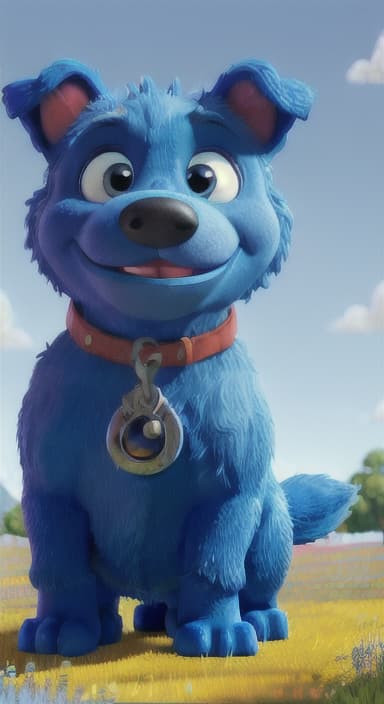  {A happy, big blue dog wagging its tail in a colorful meadow, The big blue dog is large with sky blue fur, big round eyes, a black nose, and floppy ears.