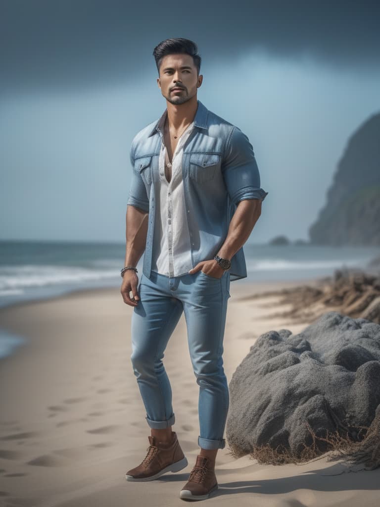  half body portrait,Young Asian man wear summer beach casual short sleeve shirt and casual shorts, happy relax standing on beach near sea, cinematic lighting, stunningly beautiful, intricate, sharp focus, f/1. 8, 85mm, (professionally color graded), ((bright soft diffused light)), volumetric fog, trending on instagram, trending on tumblr, HDR 4K, 8K hyperrealistic, full body, detailed clothing, highly detailed, cinematic lighting, stunningly beautiful, intricate, sharp focus, f/1. 8, 85mm, (centered image composition), (professionally color graded), ((bright soft diffused light)), volumetric fog, trending on instagram, trending on tumblr, HDR 4K, 8K