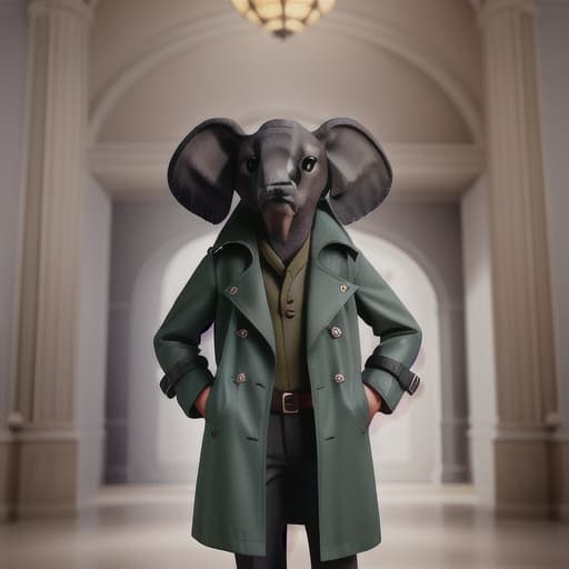  ultrarealistic very detailled photo of elefant wearing a trench coat in a museum