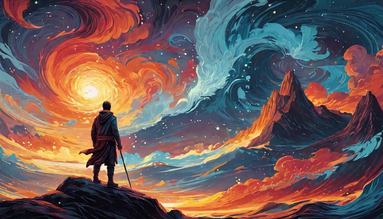  digital illustration, Person standing firm amidst swirling energies, calm, balanced, trust, grounding, looking at viewer, dynamic pose, (intricate details, masterpiece, best quality)