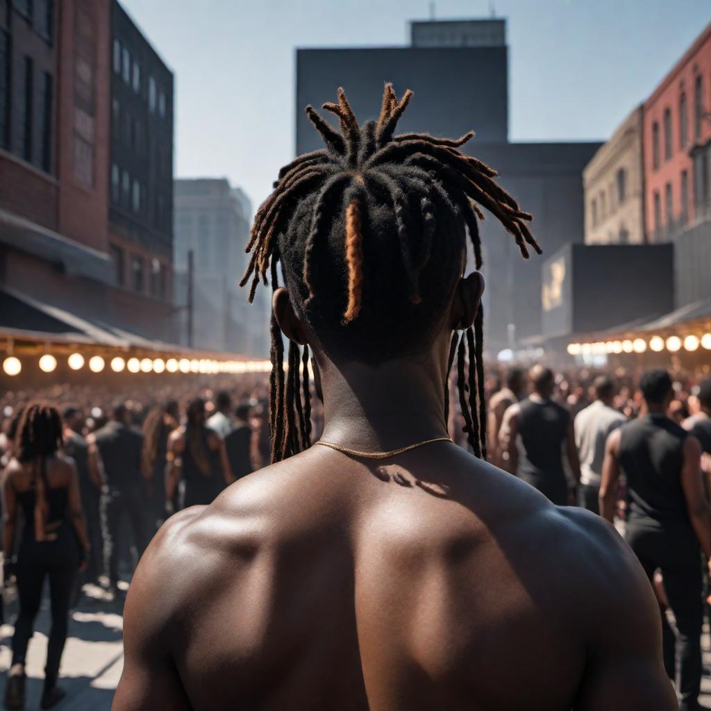  The back view of a black man with small dreads walking up a dark street to a performance stage. The street merges seamlessly into the stage. Dim streetlights cast long shadows, and the atmosphere is filled with anticipation. The stage is brightly lit, and a crowd is visible in the distance, eagerly awaiting the performance. The background features a cityscape with lights twinkling in the distance, capturing the excitement of the moment. hyperrealistic, full body, detailed clothing, highly detailed, cinematic lighting, stunningly beautiful, intricate, sharp focus, f/1. 8, 85mm, (centered image composition), (professionally color graded), ((bright soft diffused light)), volumetric fog, trending on instagram, trending on tumblr, HDR 4K, 8K