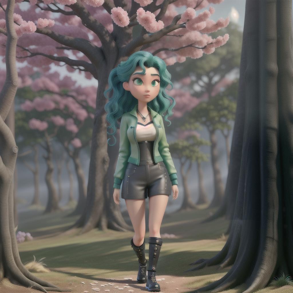  Asian, Sci fi, dark nautical, punk, a chic and quirky style, cherry blossoms, forbidden forest, green and blue colors, indie, 90s, douyin makeup, wavy hair and her hair looks like it’s being blown by the wind hyperrealistic, full body, detailed clothing, highly detailed, cinematic lighting, stunningly beautiful, intricate, sharp focus, f/1. 8, 85mm, (centered image composition), (professionally color graded), ((bright soft diffused light)), volumetric fog, trending on instagram, trending on tumblr, HDR 4K, 8K