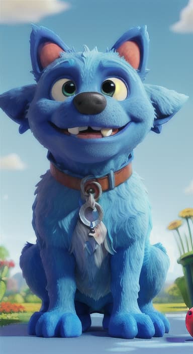  {Max carefully picking up the ball with his teeth without disturbing the flowers, The big blue dog is large with sky blue fur, big round eyes, a black nose, and floppy ears.