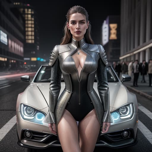  future woman,stand by a car,best quality,masterpiece,realistic,HDR,UHD,8K, hyperrealistic, full body, detailed clothing, highly detailed, cinematic lighting, stunningly beautiful, intricate, sharp focus, f/1. 8, 85mm, (centered image composition), (professionally color graded), ((bright soft diffused light)), volumetric fog, trending on instagram, trending on tumblr, HDR 4K, 8K