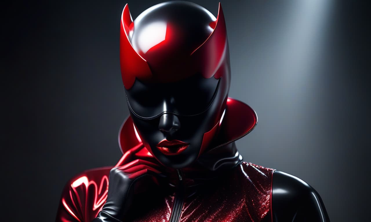  A in a black shiny mask covering her entire head down to her neck. Her painted eyes and red puffy lips are visible. hyperrealistic, full body, detailed clothing, highly detailed, cinematic lighting, stunningly beautiful, intricate, sharp focus, f/1. 8, 85mm, (centered image composition), (professionally color graded), ((bright soft diffused light)), volumetric fog, trending on instagram, trending on tumblr, HDR 4K, 8K