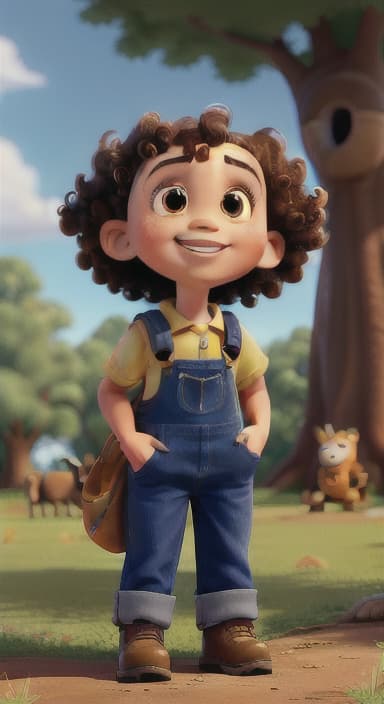  {Riley looking up at the tree with a big smile, animals surrounding them., Riley, a curious with big brown eyes and curly hair, wearing overalls and carrying a small backpack. Their friend, Skye, a bluebird with shiny feathers.