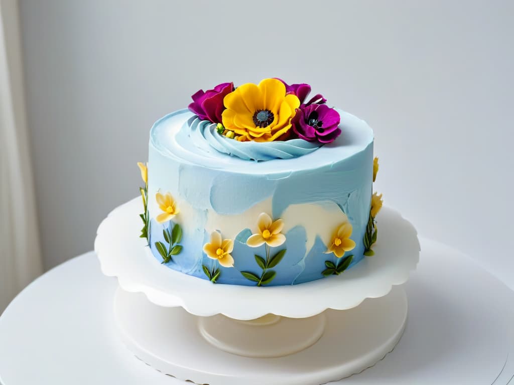  An ultradetailed closeup image of a vibrant, intricately decorated cake made with surplus ingredients, showcasing layers of colorful sponge, delicate frosting swirls, and edible flower embellishments. The cake sits on a sleek, modern cake stand against a clean, white background, with soft, natural lighting highlighting the exquisite details of the dessert. hyperrealistic, full body, detailed clothing, highly detailed, cinematic lighting, stunningly beautiful, intricate, sharp focus, f/1. 8, 85mm, (centered image composition), (professionally color graded), ((bright soft diffused light)), volumetric fog, trending on instagram, trending on tumblr, HDR 4K, 8K