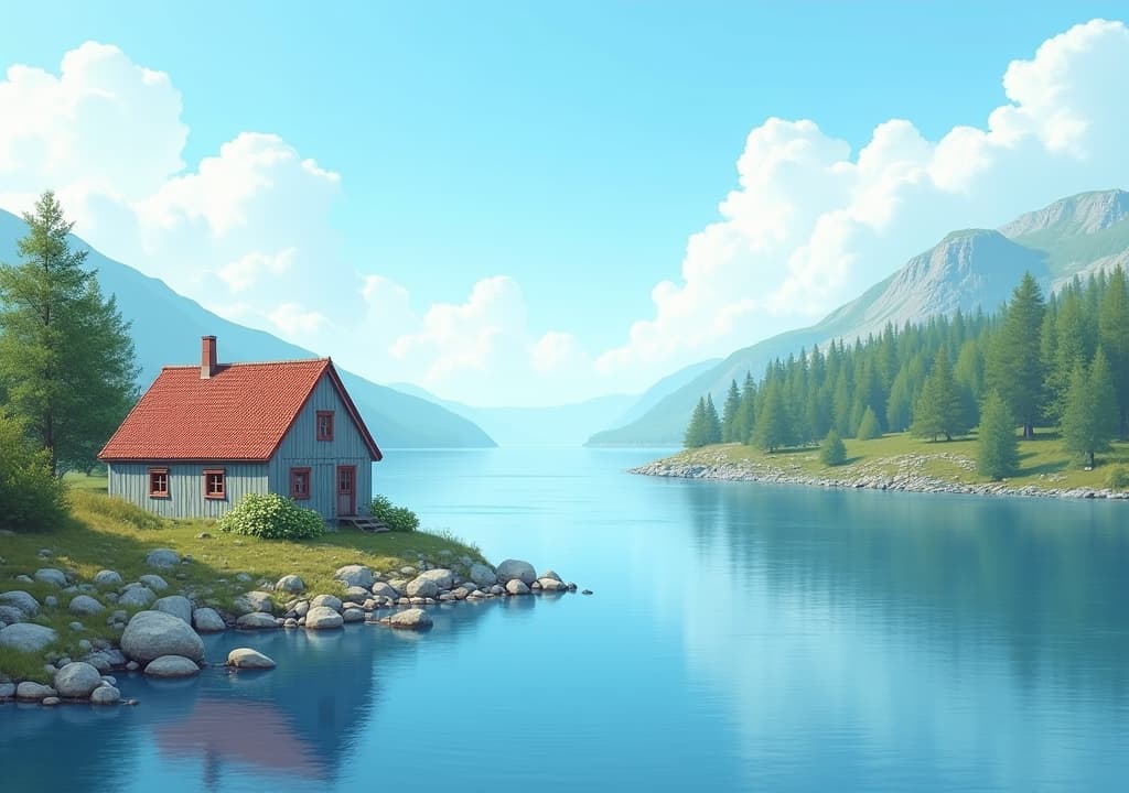  good quality, high quality, illustration of a scandinavian landscape with old house on shore of beautiful clean waters and beautiful nature with blue sky