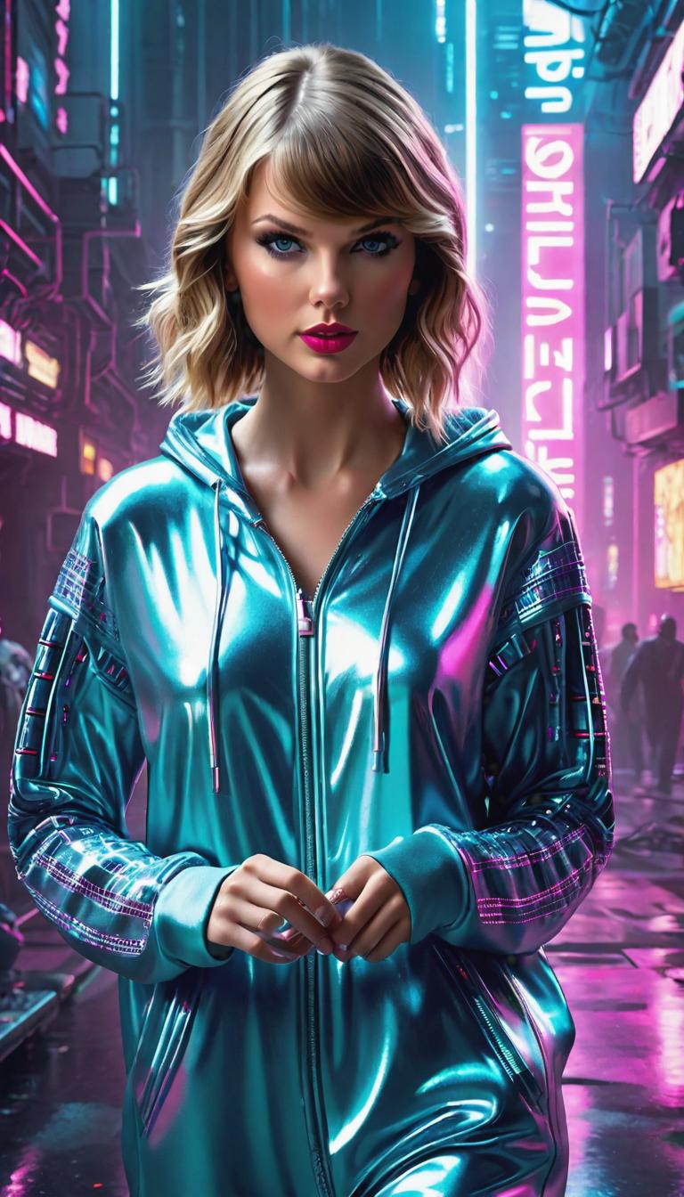  Cyberpunk style depiction of Taylor Swift in onesie pajamas. The scene is set in a world where technology has advanced, but society and human conditions have not, creating a gritty, dystopian atmosphere. hyperrealistic, full body, detailed clothing, highly detailed, cinematic lighting, stunningly beautiful, intricate, sharp focus, f/1. 8, 85mm, (centered image composition), (professionally color graded), ((bright soft diffused light)), volumetric fog, trending on instagram, trending on tumblr, HDR 4K, 8K