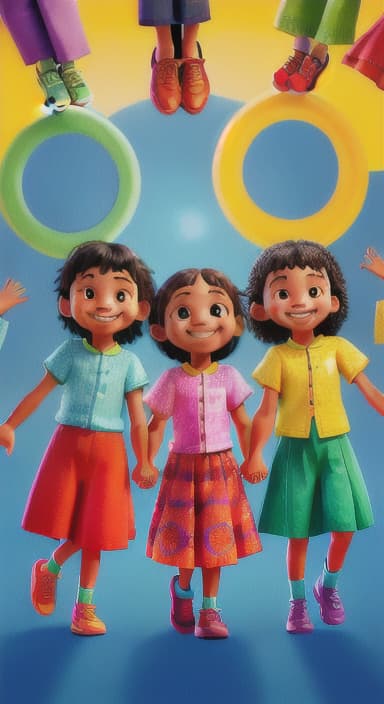  {A bright and colorful book cover with a group of happy children holding hands in a circle., Children of various ethnicities. They are smiling and wearing colorful clothing.