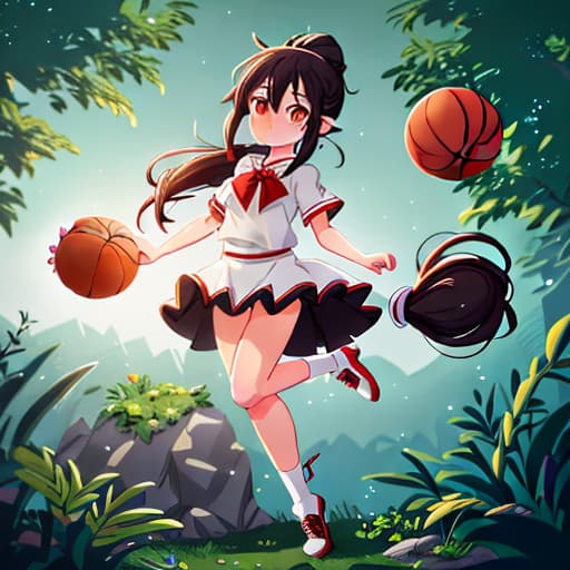  anime girl black hair bright dark brown eyes red and white basketball uniform with the number 18 and the name Nicky white and black shoes Have your hair in a medium high ponytail with two strands on the sides of your ears, have a basketball and look full body Pastel Palette, Da Vinci's Dreams, Picasso's , Sunrise Splendors, Floral Fantasy, Mystical Moonscapes, Urban Nature, Crystal Clear, Cinematic hyperrealistic, full body, detailed clothing, highly detailed, cinematic lighting, stunningly beautiful, intricate, sharp focus, f/1. 8, 85mm, (centered image composition), (professionally color graded), ((bright soft diffused light)), volumetric fog, trending on instagram, trending on tumblr, HDR 4K, 8K