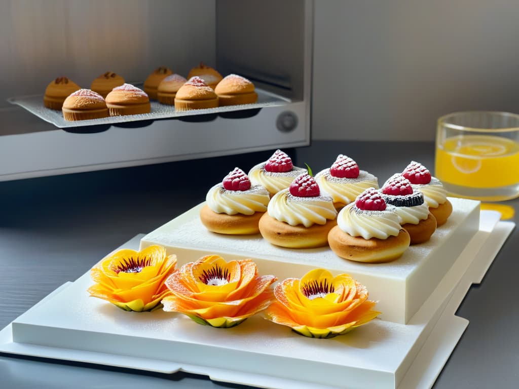  An ultradetailed image of a sleek, modern kitchen in soft, natural lighting, featuring a spotless marble countertop with neatly arranged rows of vibrant, freshly baked vegan pastries cooling off, emitting a tantalizing aroma. The pastries are elegantly decorated with colorful edible flowers and fruits, showcasing intricate designs and artistic flair. Steam gently rises from a cup of aromatic coffee placed beside a delicate, handcrafted plate, adding a touch of coziness and warmth to the scene. The minimalistic composition highlights the exquisite craftsmanship and attention to detail in vegan baking, evoking a sense of sophistication and culinary mastery. hyperrealistic, full body, detailed clothing, highly detailed, cinematic lighting, stunningly beautiful, intricate, sharp focus, f/1. 8, 85mm, (centered image composition), (professionally color graded), ((bright soft diffused light)), volumetric fog, trending on instagram, trending on tumblr, HDR 4K, 8K