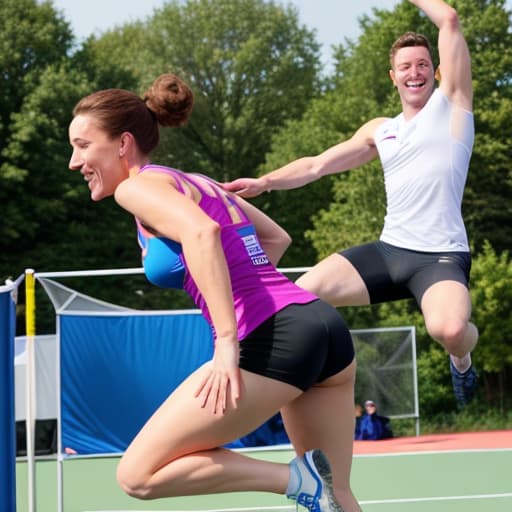  Scene: Olympic high jump event. Two competitors, Sarah and Tom, stand ready, while the crowd watches expectantly. Sarah: Ready to see how it's done, Tom? Tom: Bring it on, Sarah! I'll jump circles around you! The referee signals for the competition to begin. Sarah and Tom take their starting positions. Sarah takes her turn, gracefully leaping over the bar with perfect form. Tom follows, but his jump is awkward, and he knocks the bar off with his foot. Tom: Oops... Tom lands with a thud, while Sarah looks on with a smirk. Sarah: Looks like you'll have to try harder than that! Tom grins mischievously as he reaches for a nearby trampoline, ready to give it another shot. Tom: Just warming up! hyperrealistic, full body, detailed clothing, highly detailed, cinematic lighting, stunningly beautiful, intricate, sharp focus, f/1. 8, 85mm, (centered image composition), (professionally color graded), ((bright soft diffused light)), volumetric fog, trending on instagram, trending on tumblr, HDR 4K, 8K