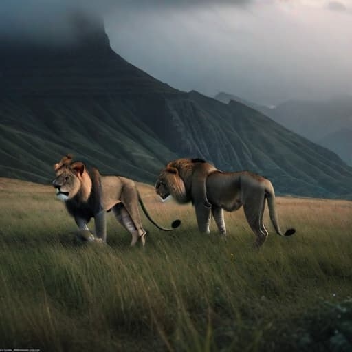  Flight lions hyperrealistic, full body, detailed clothing, highly detailed, cinematic lighting, stunningly beautiful, intricate, sharp focus, f/1. 8, 85mm, (centered image composition), (professionally color graded), ((bright soft diffused light)), volumetric fog, trending on instagram, trending on tumblr, HDR 4K, 8K