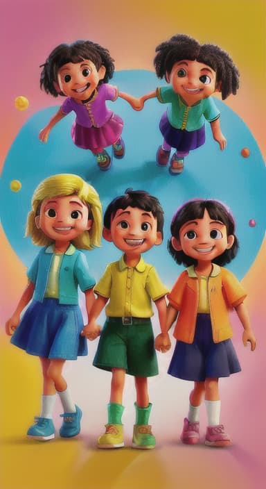  {A bright and colorful book cover with a group of happy children holding hands in a circle., Children of various ethnicities. They are smiling and wearing colorful clothing.