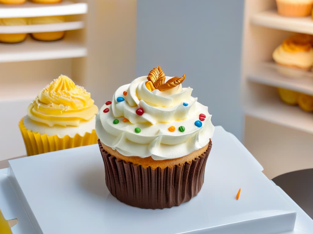  An ultradetailed closeup image of a beautifully decorated thematic cupcake featuring intricate icing designs of popular movie characters and vibrant colors, displayed on a sleek white marble countertop with soft, diffused natural light illuminating the scene. The details of the decorations are so crisp that every swirl and sprinkle is clearly defined, showcasing the artistry and precision that goes into creating thematic baked goods for successful branding in the bakery industry. hyperrealistic, full body, detailed clothing, highly detailed, cinematic lighting, stunningly beautiful, intricate, sharp focus, f/1. 8, 85mm, (centered image composition), (professionally color graded), ((bright soft diffused light)), volumetric fog, trending on instagram, trending on tumblr, HDR 4K, 8K