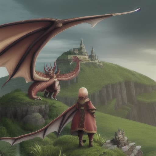  Big dragons on a hill and fantasy with a small girl standing